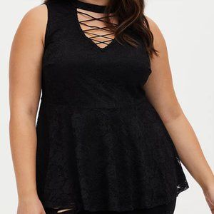 Black Lace Peplum Sleevless Top- TORRID- Sz 1